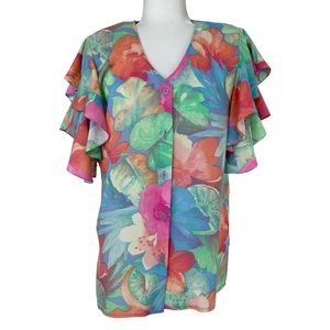 Vintage Sea Suns Ruffled Sleeve Blouse Tropical Print